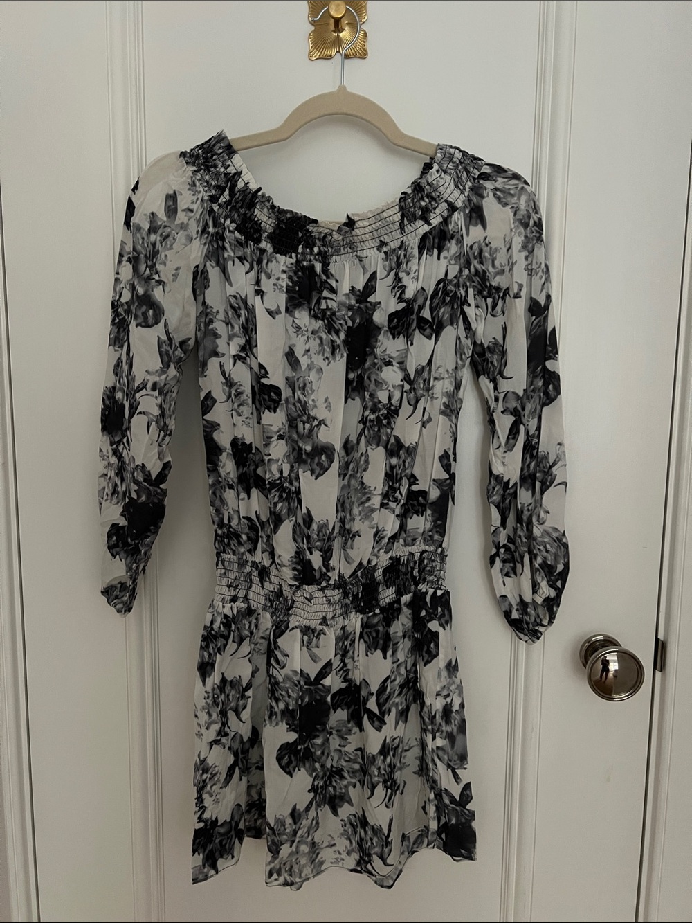 INTERMIX Black & White Off-Shoulder Floral Mini Dress
